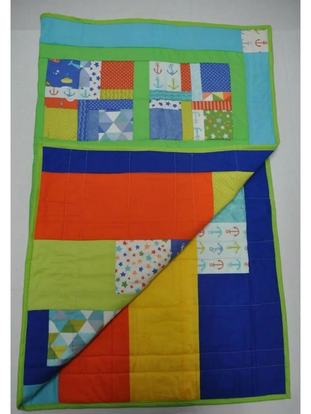 Nautical Reversible Nursery Quilt Crib Blanket with Anchors & Fish Handmade
